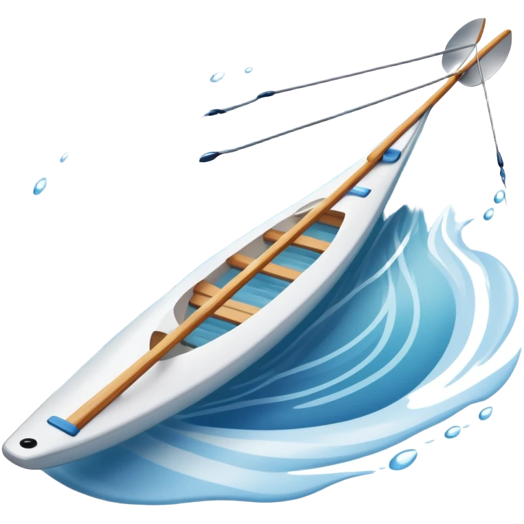 An icon showing a close-up of crossed oars, a sleek racing shell, and rippling water, symbolizing rowing. The design includes droplets in motion and a streamlined boat tip cutting through waves. Transparent background emphasizes strength, precision, and the spirit of competitive rowing emoji