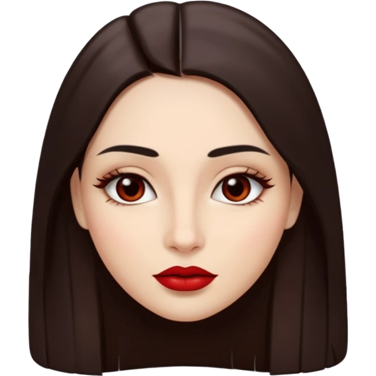 A woman emoji with fair skin, long straight dark brown hair parted in the middle, an oval-shaped face, arched dark eyebrows, almond-shaped brown eyes, a small nose, and full lips colored with deep red lipstick. emoji