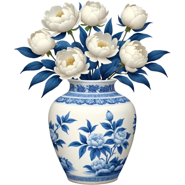 Blue and white toile pattern vase, with white peonies  emoji
