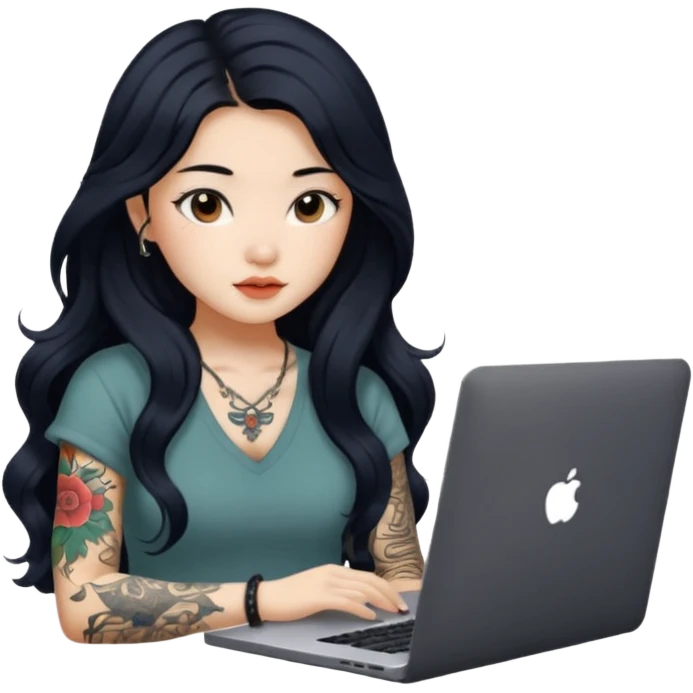 beautiful girl, with tattoos, with long black hair, wavy hair, chinese, with laptop emoji