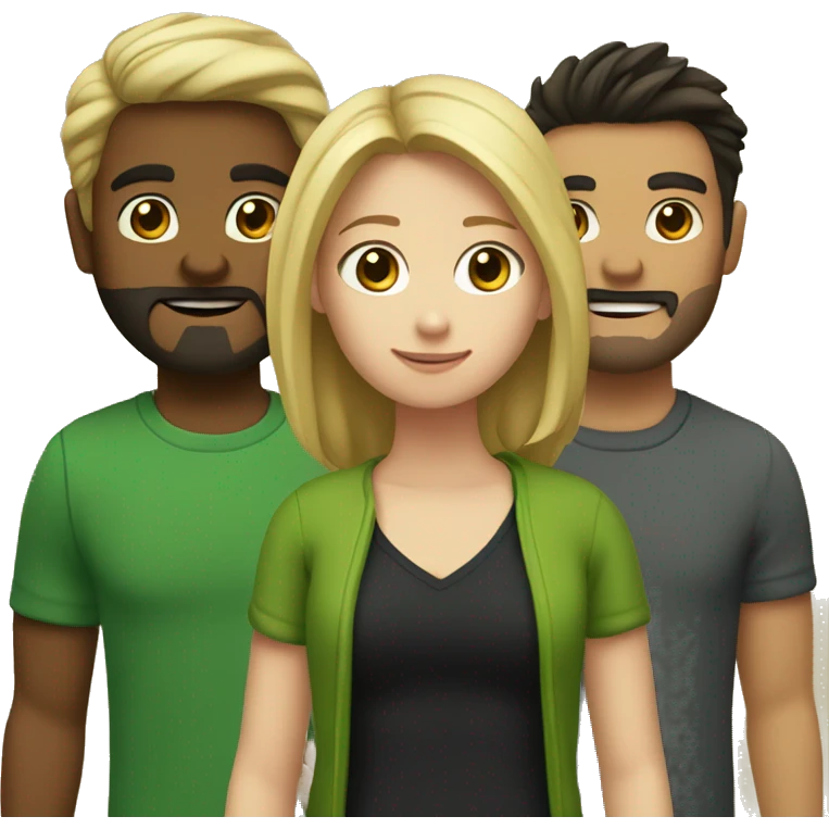 two girls and one guy. one of the girls is a blonde in a green sweater, the other has brown hair and a black sweater, in the middle is a guy with dark hair and a beard emoji