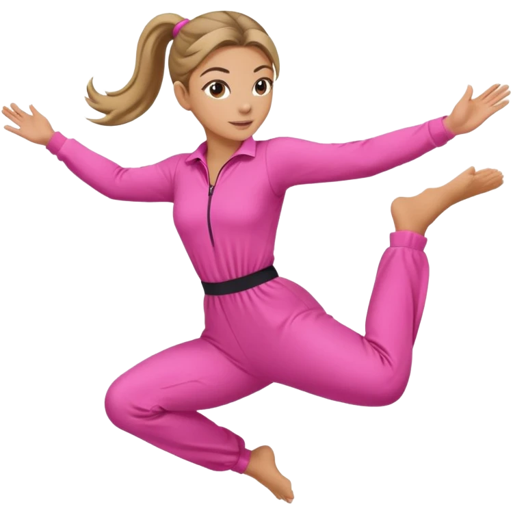 Woman dark blond hair ponytail pink  full body jumpsuit flying emoji