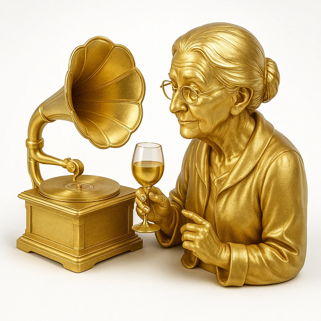 old lady with wineglass listening to gramophone emoji