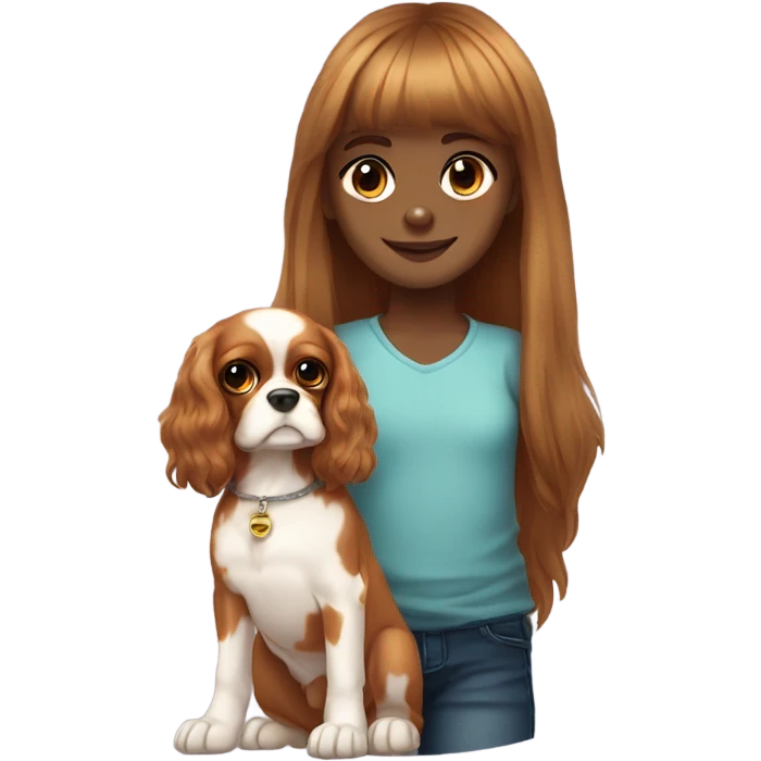 Super cute light skin kid girl with long hair with bangs with a cavalier King Charles spaniel dog  emoji