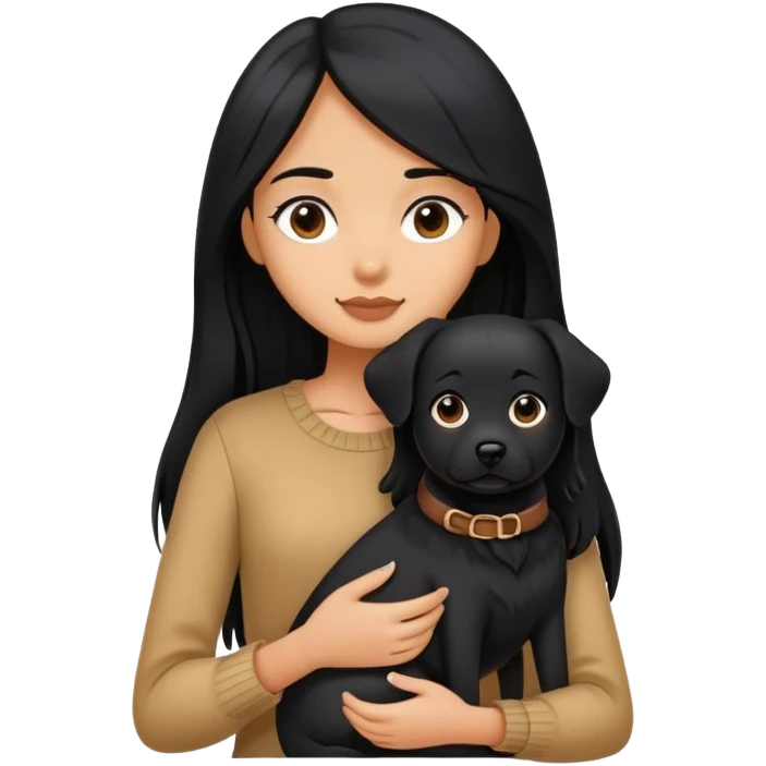 A girl with long black hair holding a black dog emoji