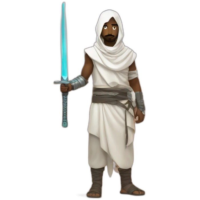 desert white man wearing shimagh and handling a cyberpunk sword emoji