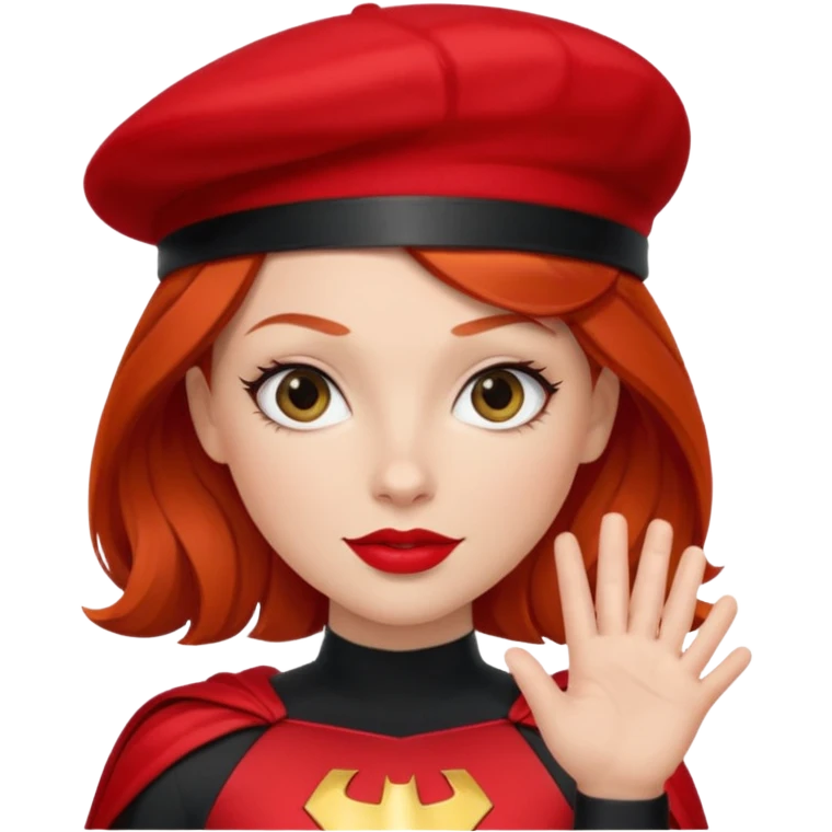 Uma ruiva feliz com batom vermelho com roupa vermelha tipo heroína, com uma boina preta, e uma cara mais “seria” fazendo pose com a mão. emoji