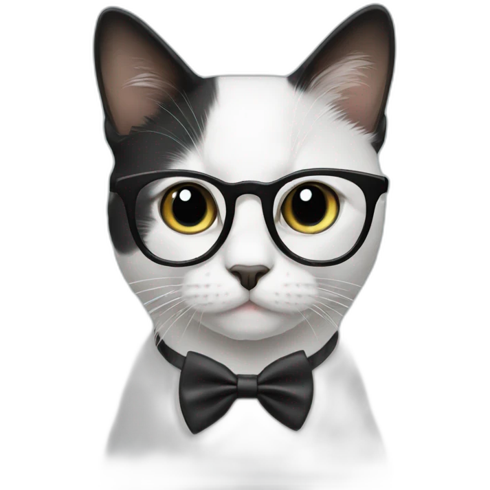 Black and white cat wearing a bow tie and glasses emoji