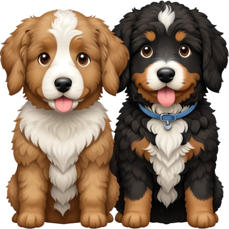 2 dogs, one is a light brown Aussie doodle. the other is a All black Berenedoodle with white eyebrows . Make both same size emoji
