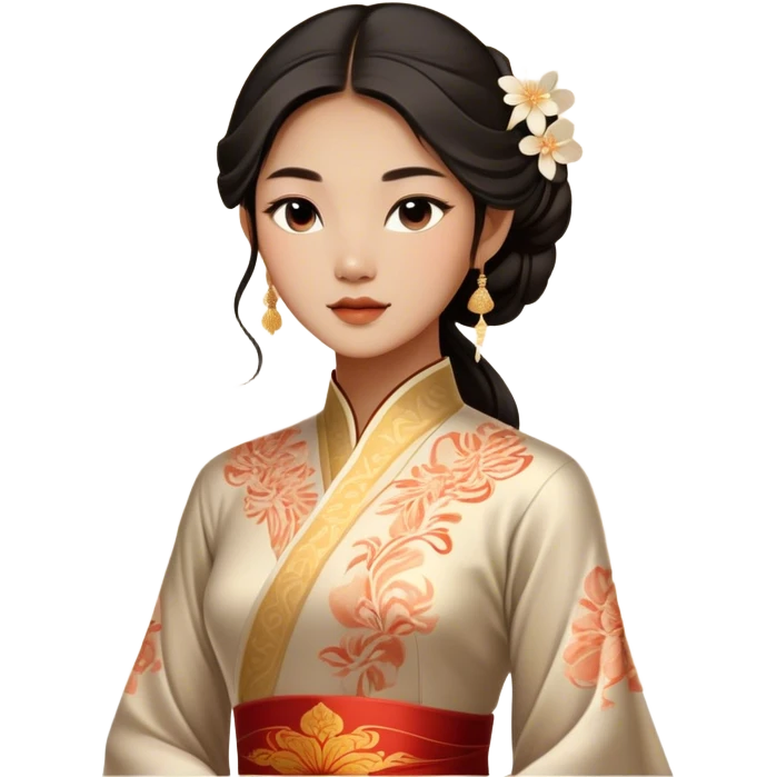 Cinematic Realistic Áo Dài Portrait Emoji, depicted as an elegant traditional Vietnamese dress with flowing graceful lines and delicate patterns, rendered with rich textures and soft ethereal lighting that captures its timeless beauty. emoji