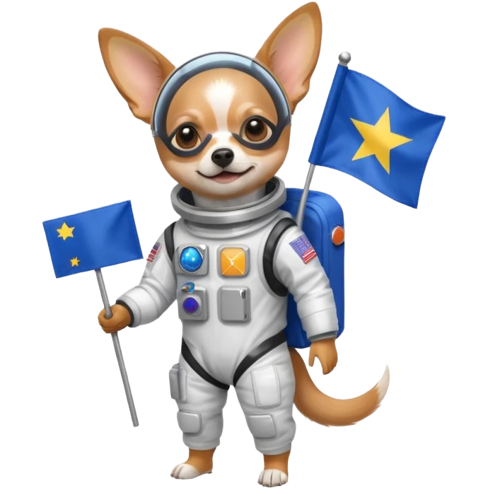 a chihuahua in space suit, holding blue rectangle flag, full body, front view emoji
