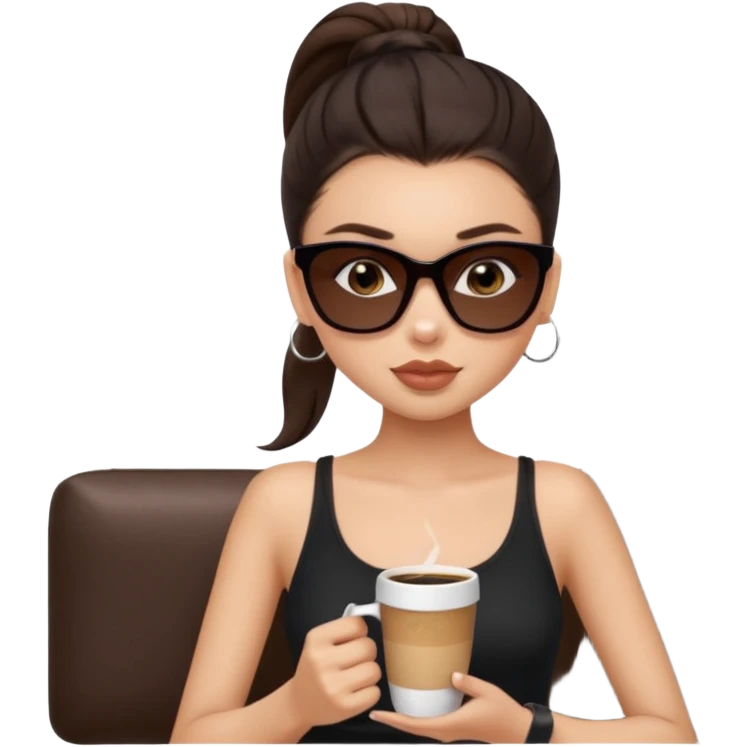 generate a pretty fair bratz girl with dark brown eyes, dark brown eyes tied into a slick back ponytail, thin brown sunglasses. Wearing a black cami top and drinking coffee, high cheekbones emoji