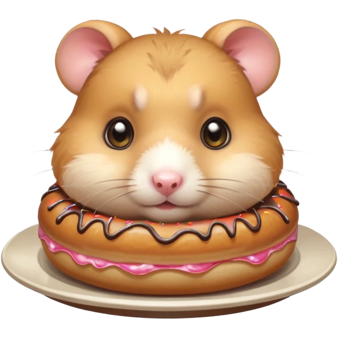 Cute cartoon-style hamster staring dramatically at a donut on a plate, conflicted expression, big shiny eyes. Painterly shading, white background, sticker-style illustration emoji