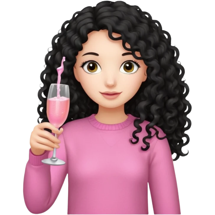 girl with long black curly hair, pink sweater and grey eyes with bottle of pink champagne emoji