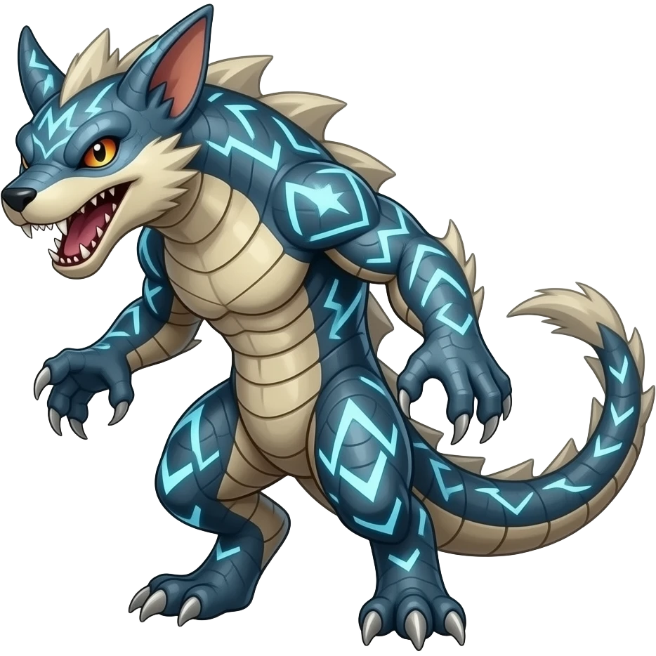 Feral Scaly Striking Slaying Badass Evil Handsome Lightning-patterned Zig-zagged buzzy fuzzy Meloetta-Renamon-Zeraora-Luxray-Cobalion-Absol-Vernid-fusion-hybrid-creature, full body emoji