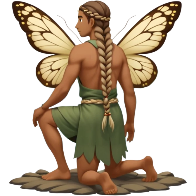 full body druid man, tan skin, long braid, from behind kneeling at lake edge, moths around shoulders emoji