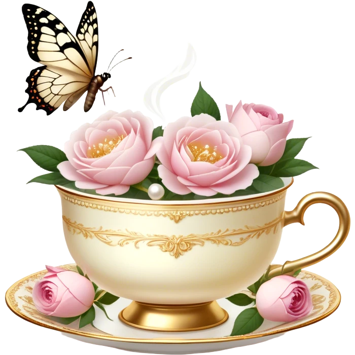 A charming, softly lit evening tea scene, where an ornate golden tea strainer rests atop a delicate ivory teacup filled with rose-infused tea, fresh blush roses and white peonies scattered around, while a pearl butterfly hovers above the steam.
 emoji