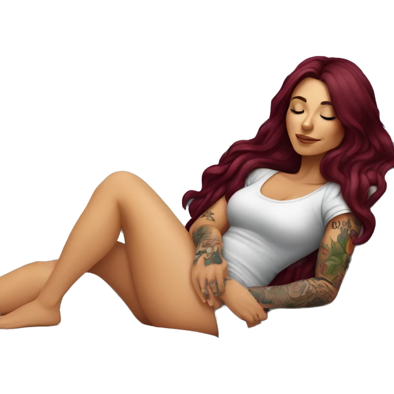 Beautiful tattooed burgundy long haired woman napping on sofa emoji