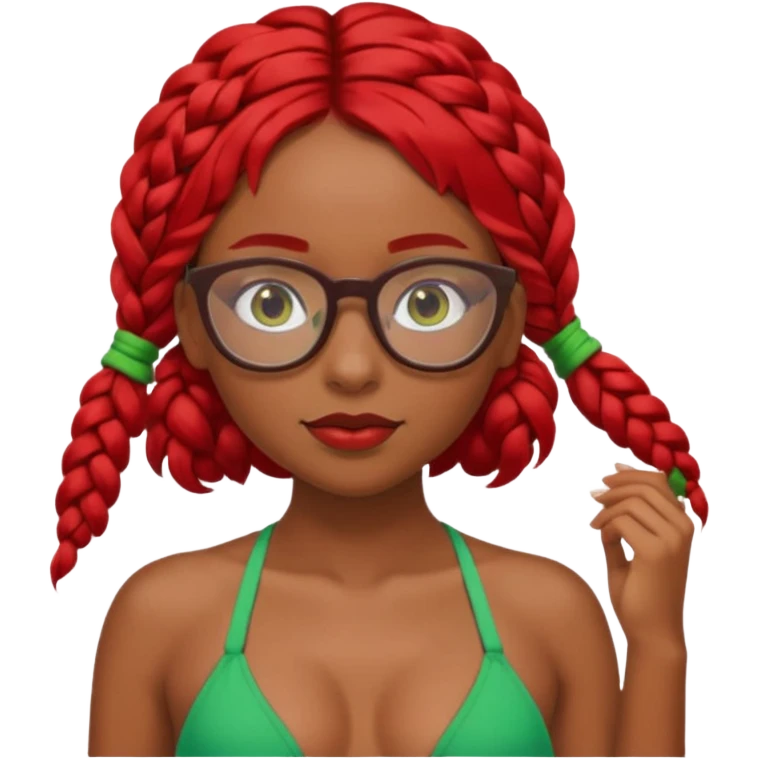 Dark Tan girl with two long red plaits and red rimmed  glasses, green bikini top,  head neck and shoulder shot only emoji