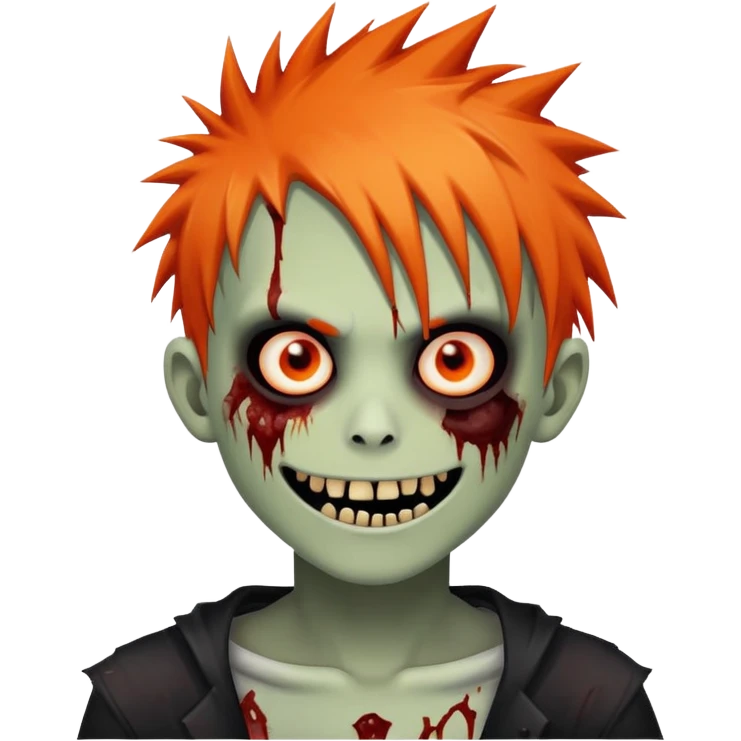 boy zombie with orange skin, orange spikey emo hair, black and red eyes, bloody smile emoji