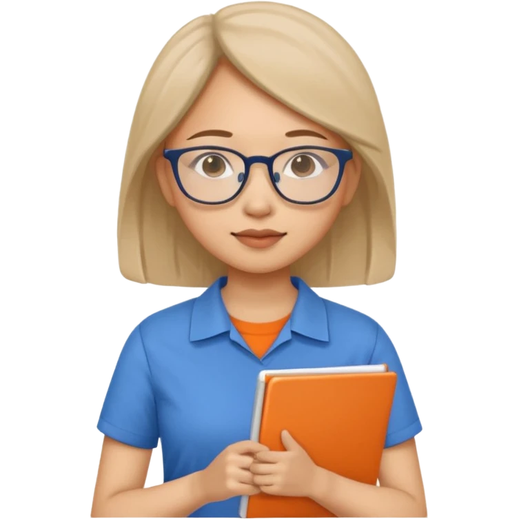 An asian woman with papers and laptop wearing glasses in blue and orange shirt emoji