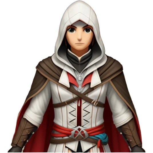 icon featuring Assasin's Creed in an iconic assassin's hood, standing tall against the backdrop of Florence. The design captures the essence of adventure, with intricate details of historical architecture and a sense of mystery. The character is poised, ready for action. transparent background. emoji