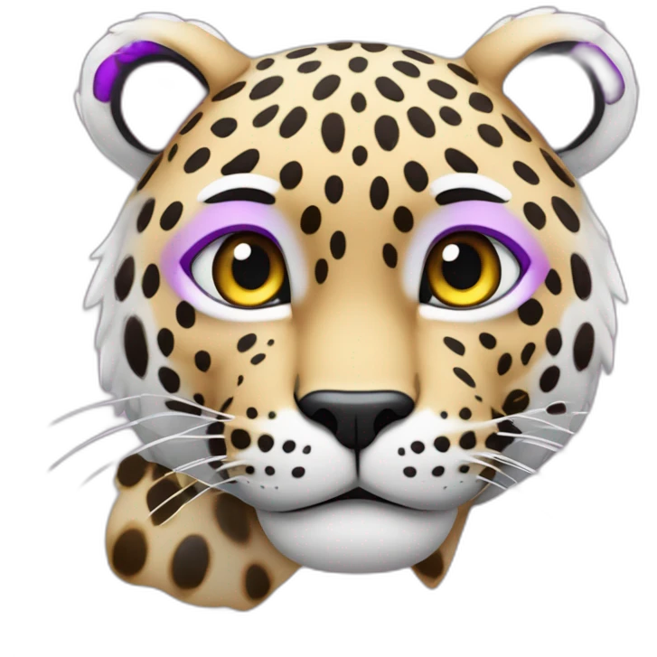 Haz un emoji de un leopardo de las nieves, con manchas violetas, y pelo rosa emoji