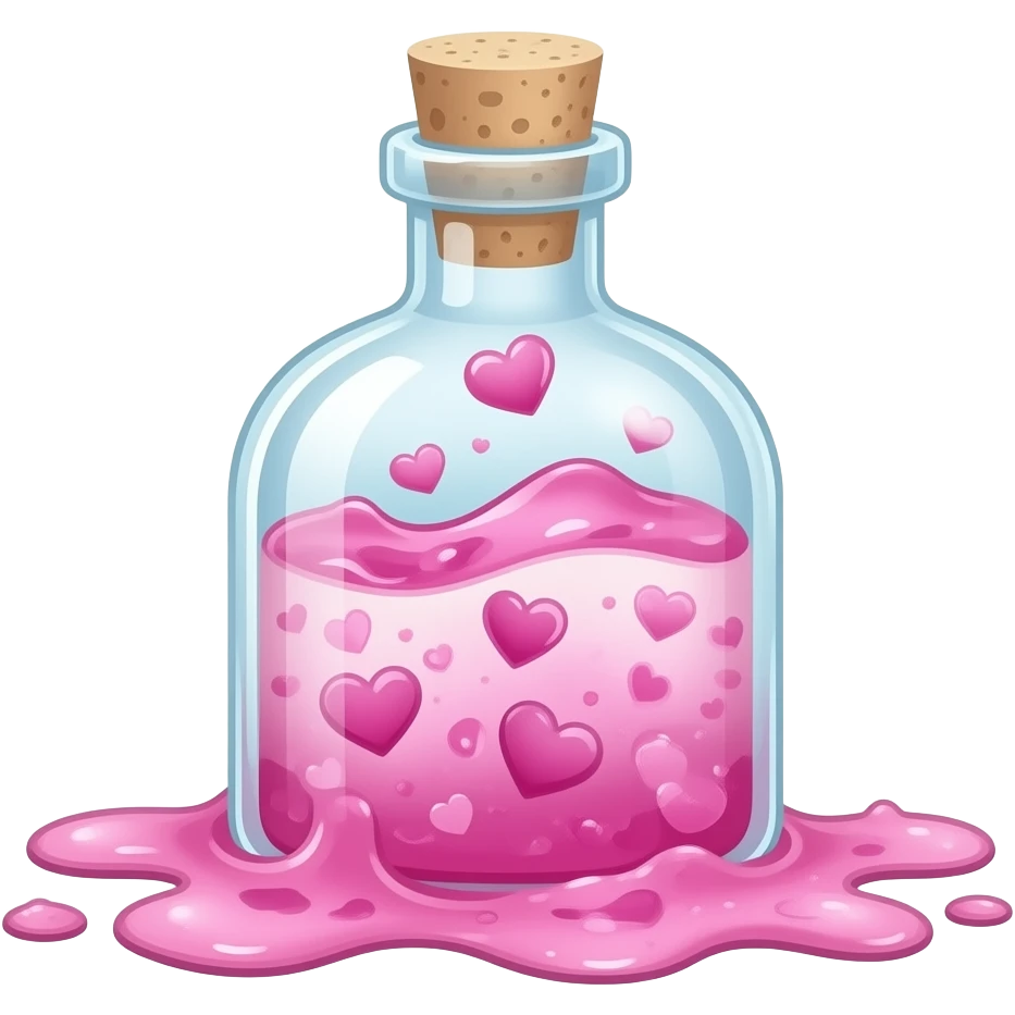 An aphrodisiac potion bottle fuming with pink ooze hearts emoji