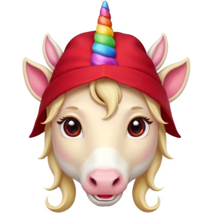 unicorn face cute wearing cute red hat, horn piercing through the hat looking in the camera, blond hair and spectacled. with big horn emoji