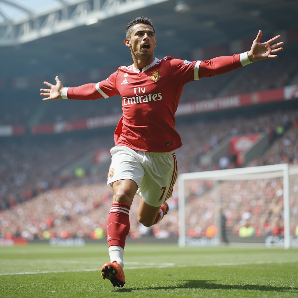 realistic illustration of a football player inspired by Cristiano Ronaldo celebrating a goal, arms outstretched, photorealistic style emoji