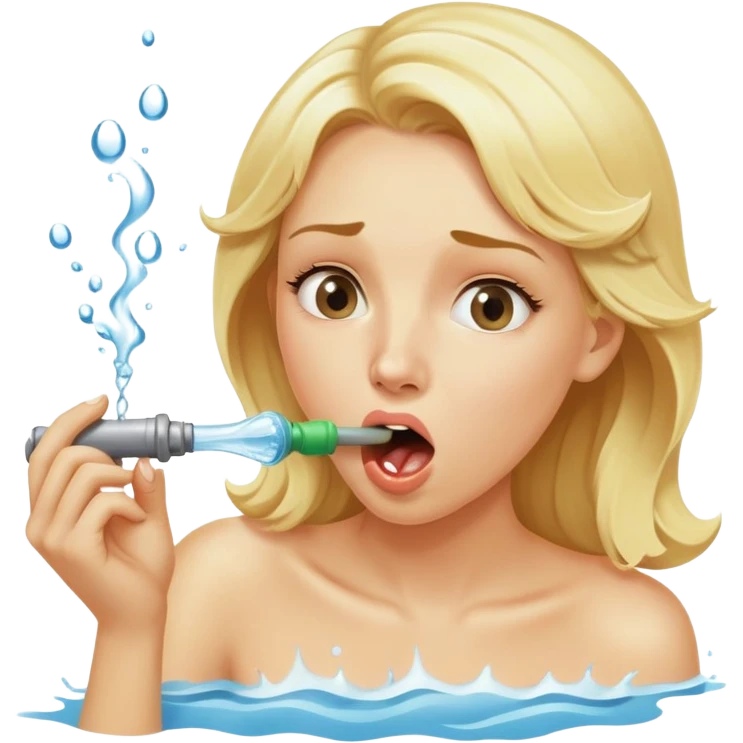 blond woman biting a wide skin-tone stick with a round knob, water jet shooting from the knob into her mouth, surprised look emoji