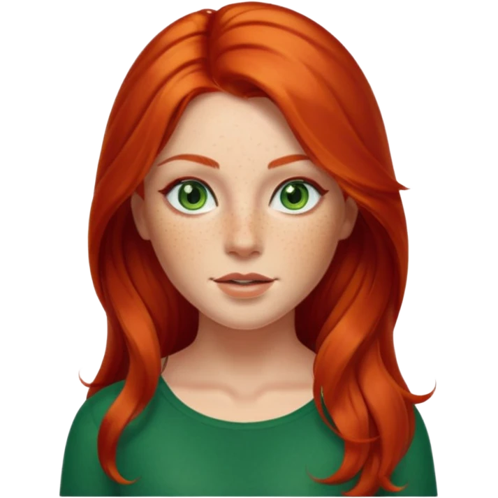 gorgeous female memoji, fiery red long hair, green eyes, freckles, radiant skin, charming and unique beauty emoji