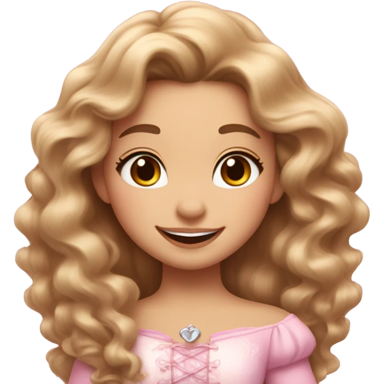 A girl’s face with cute pinkish makeup and brown long curly hair; look like Rapunzel in Disney; white skin; peach pink lips; pink blush; smiley cute face￼  emoji