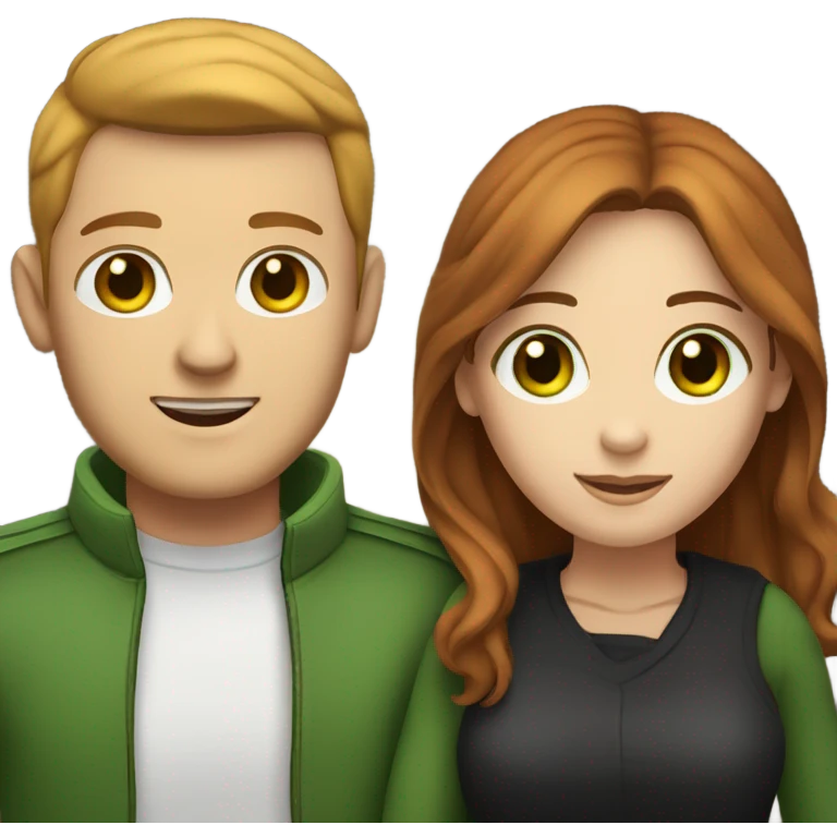 A white woman with reddish-brown hair and green eyes hugging a white man with black straight hair and brown eyes emoji