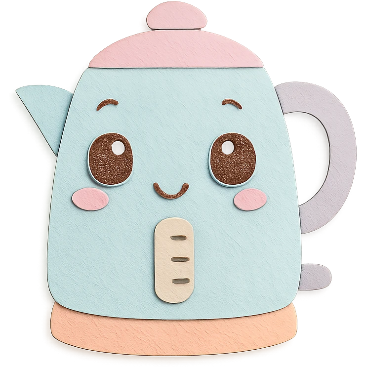 chibi electric kettle, full body, big eyes, pastel tones, hand-drawn style emoji