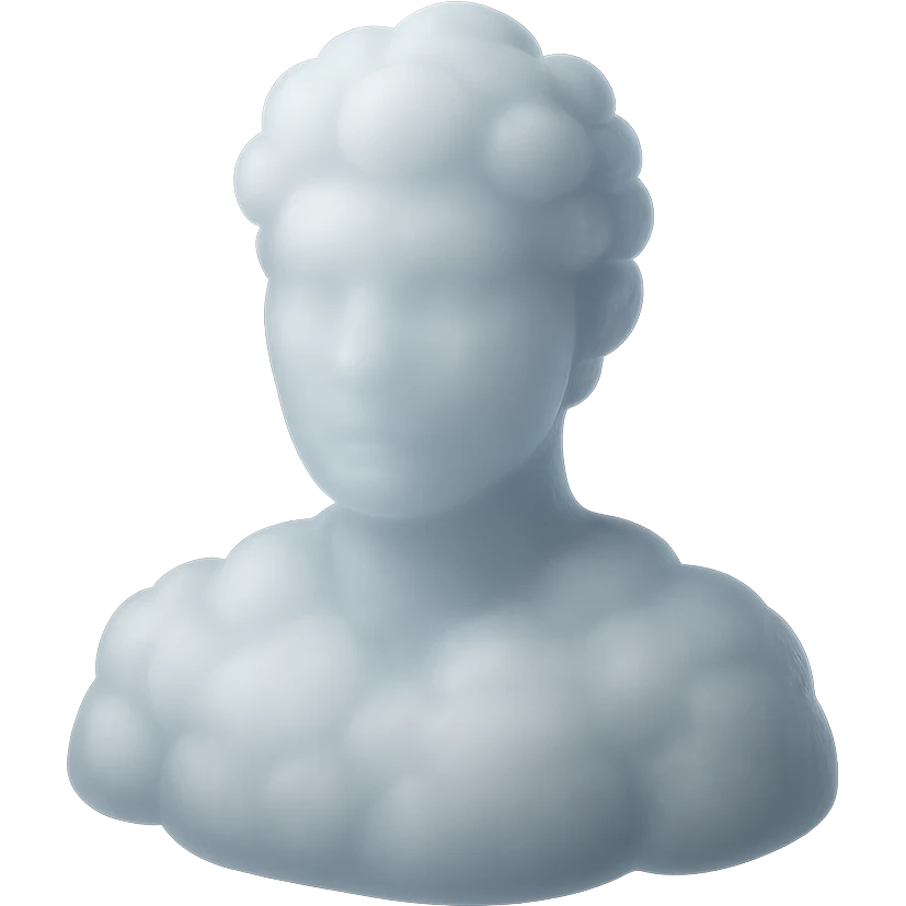 person looking straight, fully made of white fluffy convex clouds, shoulders, matte glass style emoji