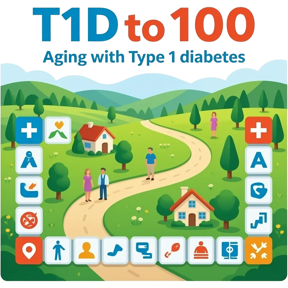journey on a game board about Type 1 diabetes and aging with pretty footpaths in a countryside, no roads (hospital, places to live, advocacy, physical changes, to share knowledge and ways of coping, energetic with text: T1D to 100 and subtext Aging with Type 1 diabetes, easy for seniors to see emoji