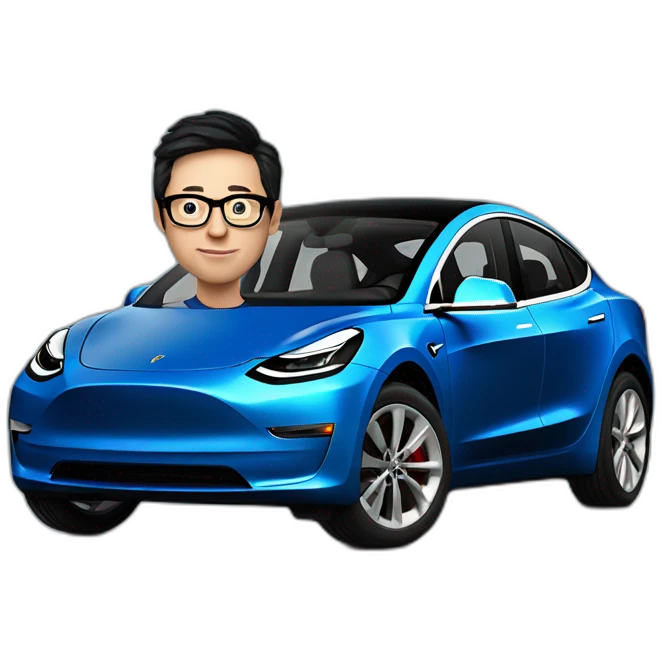 Middle age lean white man with black hair & glasses wearing a blue Tesla T-shirt riding a Black Tesla Model 3 emoji