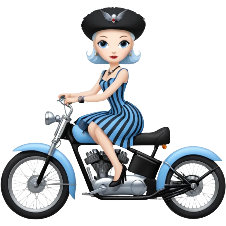 1920s coal hair hotrod Silkstone Marie Antoinette Morticia Addams Barbie Wednesday Addams from academy in a blue and black vertically-striped classic dress. riding matte black hot rod electric bikes with crows emoji