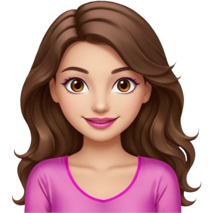 girl with long wavy brown hair, brown eyes, long lashes makeup, sexy pink lips, light to medium complexion, wearing a pink sexy silk top, smiling emoji