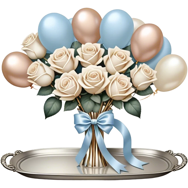 Set against a warm beige and pearl-colored lace backdrop, a bouquet of creamy white roses intertwined with pale blue blooms is wrapped in a soft champagne-colored velvet ribbon, forming a perfect bow. The bouquet rests on an antique silver tray, its delicate engravings catching the soft glow of candlelight. Hovering above, a trio of metallic pearl balloons in soft ivory and rose gold tones sway gently, their surfaces gleaming with a muted, vintage-inspired sheen. emoji