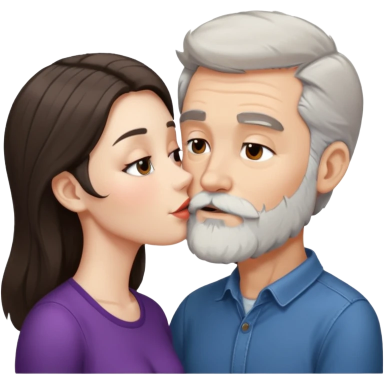 Grey haired bearded man and pretty brunette kissing  emoji
