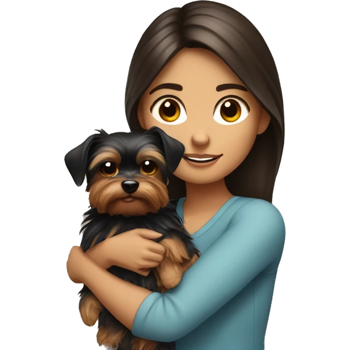 A brunette girl with a Yorkshire terrier in her arms emoji