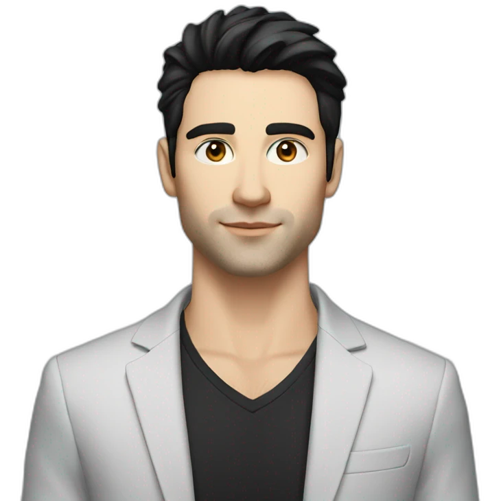man, blue eyes, 30 years old, white skin, black hair, blazer with t-shirt, good looking emoji