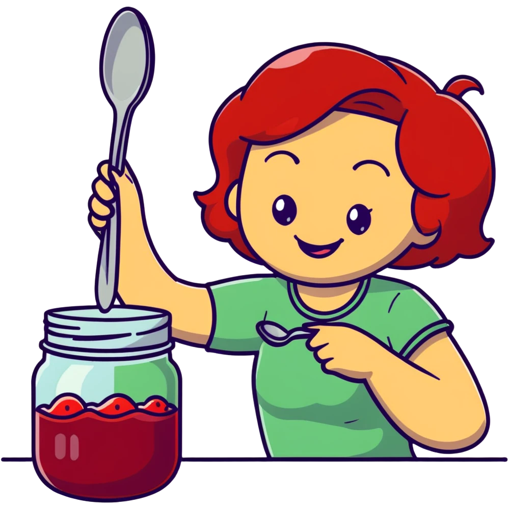redhead woman with big smile taking some jam with a spoon from glass jar emoji