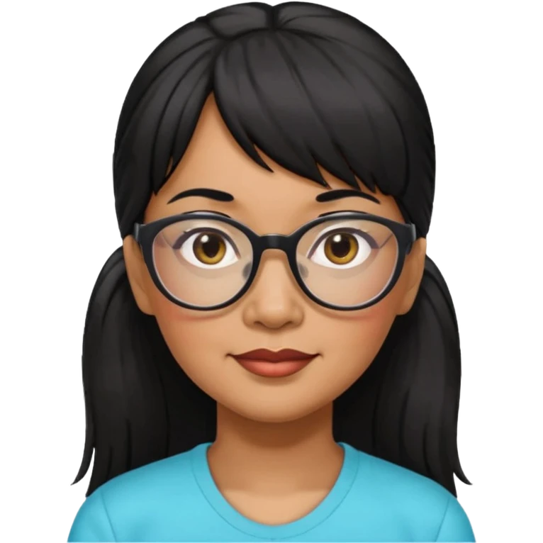 filipino woman black hair in one pony tail with straight bangs and big glasses, 60 yr old

 emoji