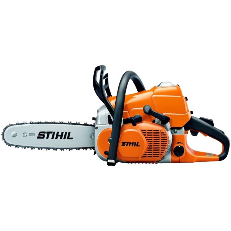 Stihl MS500i chainsaw, side view, showing the Stihl logo clearly, realistic proportions but simplified details, bright orange and silver color scheme, clean design, suitable for emoji style emoji