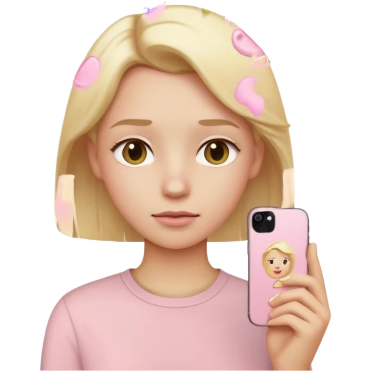 side view close up of a pastel pink iPhone to the ear, blonde hair, beige shirt, iOS Apple emoji style emoji