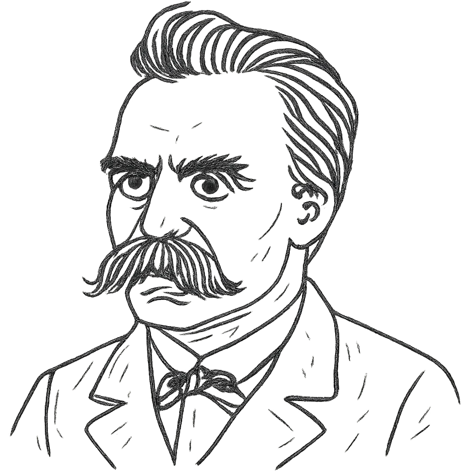 a hand drawn black outline portrait of philosopher Friderich Nietzsche with similar-sized eyes based a famous portrait of him emoji