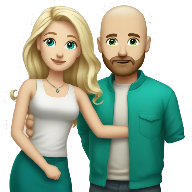 White couple. Male bald with beard. Aqua eyes. Woman long blonde brown highlight hair. 35. Teal eyes.  emoji